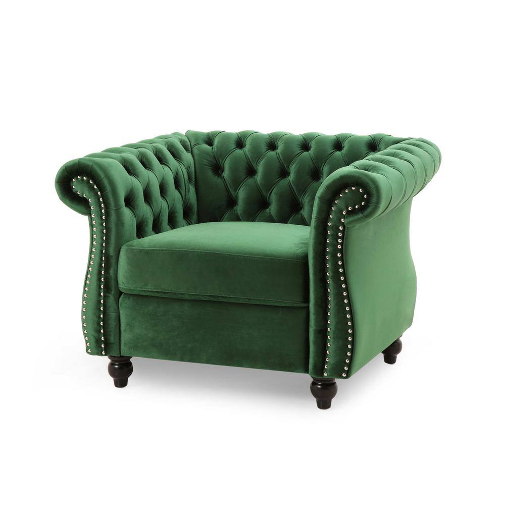 Emerald Velvet Chesterfield Accent Chair with Birch Wood Legs