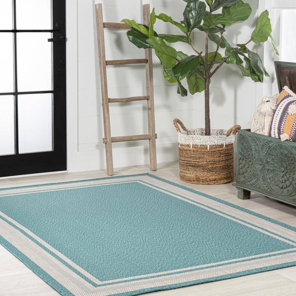 Aqua and Beige 3' x 5' Modern Stripe Synthetic Indoor/Outdoor Rug
