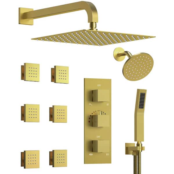 GRANDJOY His and Hers Dual Showers 12 in. 6-Jet High Pressure Shower System with Hand Shower, Anti-Scald Valve in Brushed Gold
