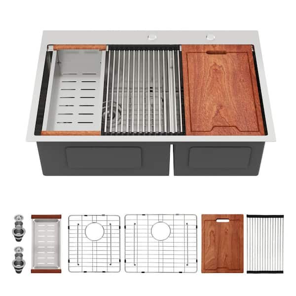 33 in. Drop-In Double Bowl 16 Gauge Brushed Nickel Stainless Steel Kitchen Sink with Bottom Grids