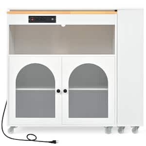 Rolling Kitchen Cart with Extended Table and Wheels with LED Lights, Power Outlets and Glass Door in White