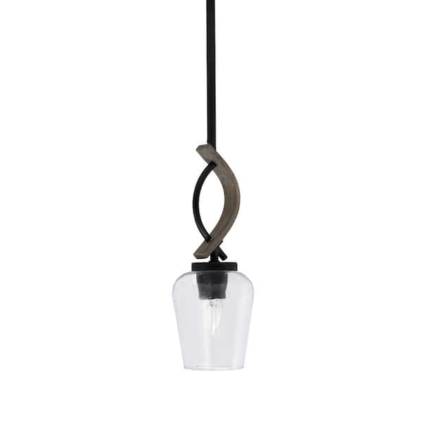 Wensley 100-Watt 1-Light Black & Wood-look Metal Shaded Pendant with with 5" Clear Bubble Shade, No bulbs included