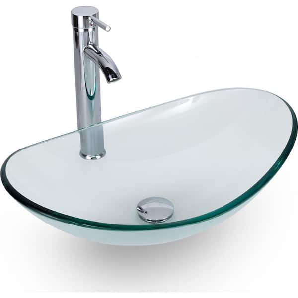 21.3 in. W Modern Oval Tempered Glass Vessel Sink in Clear with Chrome Faucet Pop Up Drain Set