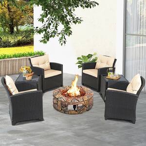 7-Piece Wicker Patio Rattan Furniture Set Gas Fire Pit Table Sofa with Beige Cushion