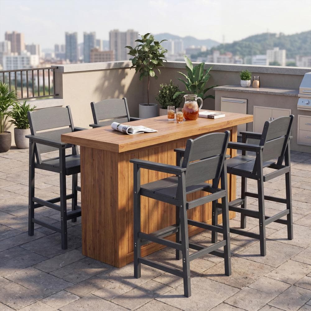 "HDPE Plastic 28.5"" Seat Metal Outdoor Patio Bar Stool with Armrests and Backrest (4-Pack), Gray" price history on PriceWatchPro