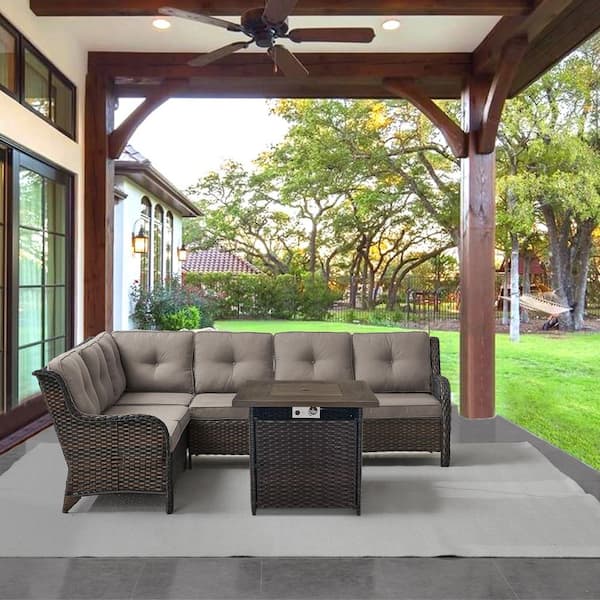 Brown 2-Piece Wicker Patio Fire Pit Set, Outdoor 6-Seater Sectional Seating Set with Olefin Gray Cushions