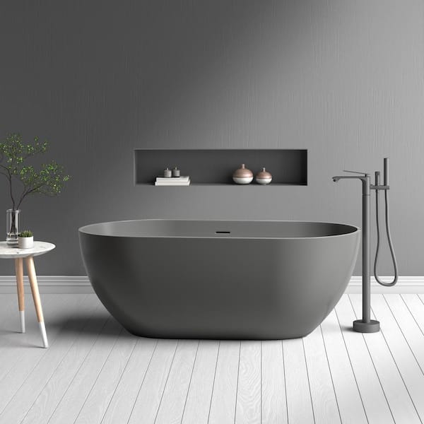 Kylie 59 in. x 29 in. Stone Resin Freestanding Soaking Bathtub in Gray