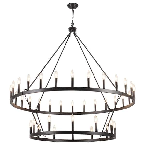 ADSENSTY 40-Lights 2-Tier 51 in. Black Extra Large Wagon Wheel Chandelier Fixture for Dining Room with No Bulbs Included