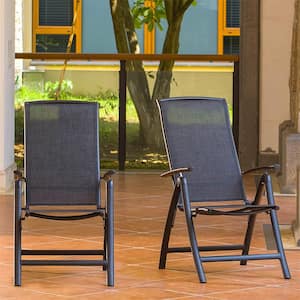 Dark Gray Folding Aluminum Outdoor Recliner Sling Lawn Chairs with Adjustable High Backrest (Set of 2)