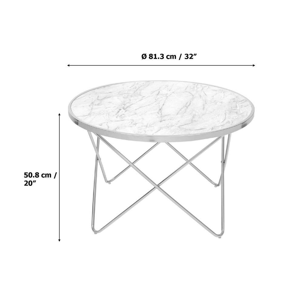 Small Round White Faux Marble Coffee Table with Silver Hairpin Legs
