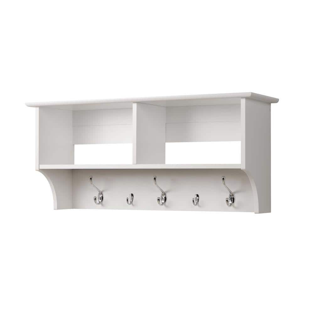 White Wall-Mounted Entryway Shelf with Hooks and Compartments