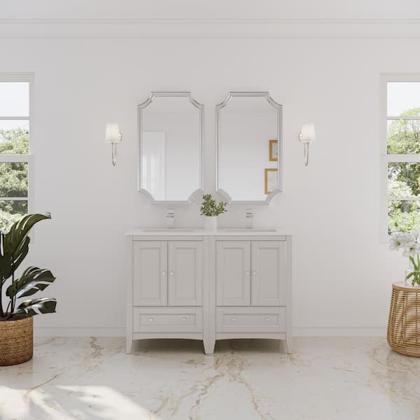 Oxford 48 in. Double Vanity in Antique White with Quartz Stone Vanity Top in White with White Basins