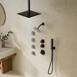 12 in. 5-Spray Multi-Functionn Dual Shower System Square High Pressure with Hand Shower in Matte Black (Valve Included)
