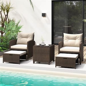 Brown 5-Piece Metal Patio Conversation Set with 2 Ottomans and Tempered Glass Coffee Table and Cushion Off White