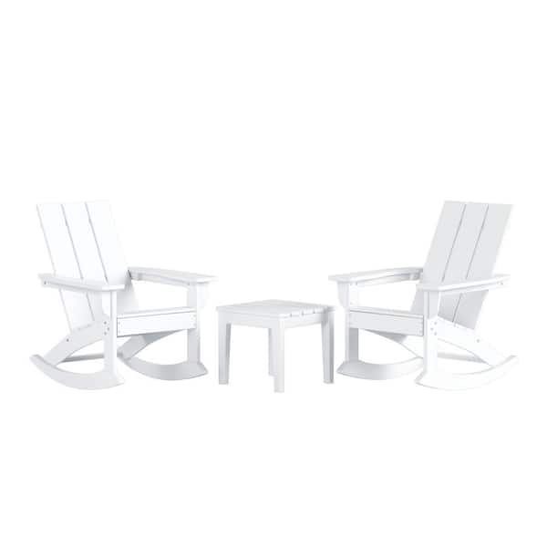 Shoreside White HDPE Plastic Modern Rocking Poly Adirondack Chair Set of 2 With Side Table