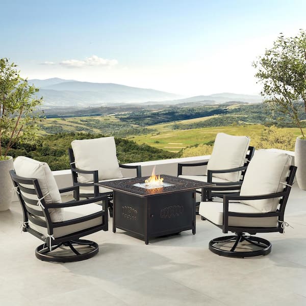 Oakland Living Black 6-Piece Aluminum Patio Fire Pit with 4-Club Chairs Light Grey Cushions