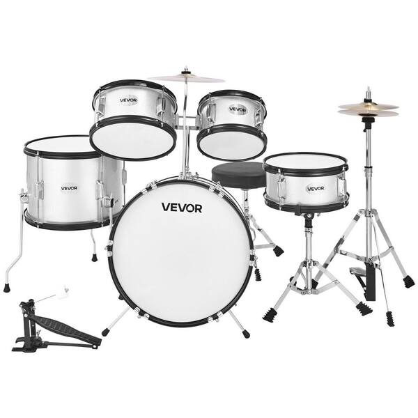 Kids Drum Set, 5-Piece 16 in. Junior Beginner Drums Set, Adjustable Throne, Cymbal & Two Pairs of Drumsticks, Silver