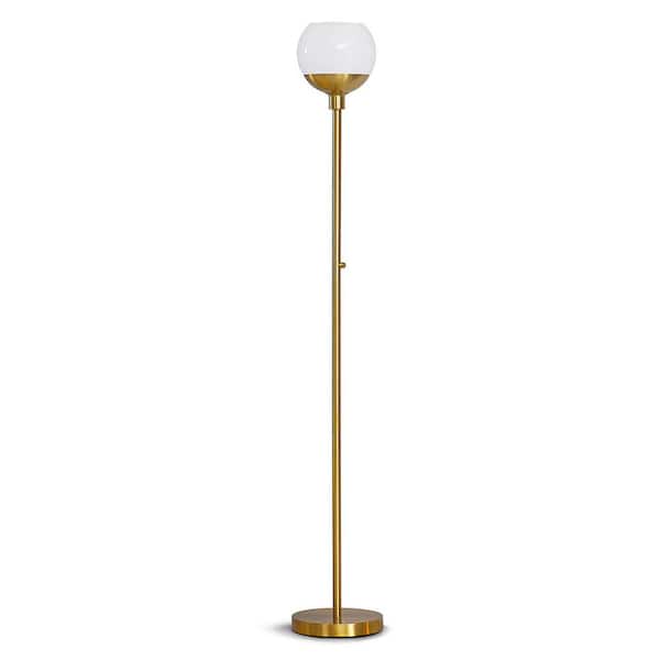 HomeGlam Metro 71 in. Brushed Brass LED Dimmable Torchiere Floor Lamp with LED Bulb, White Glass Shade