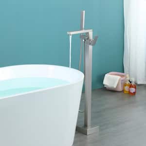 Pomelo Freestanding Floor Mount Single Handle Bath Tub Filler Faucet with Handheld Shower in Brushed Nickel