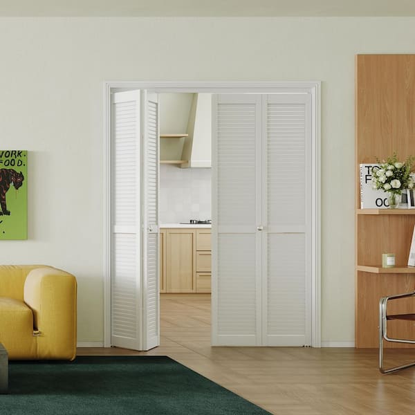 48 in. x 80 in. Louver Solid Core Wood, MDF, White PVC Covering, Bi-fold Door for Closet, Complete Set with Hardware