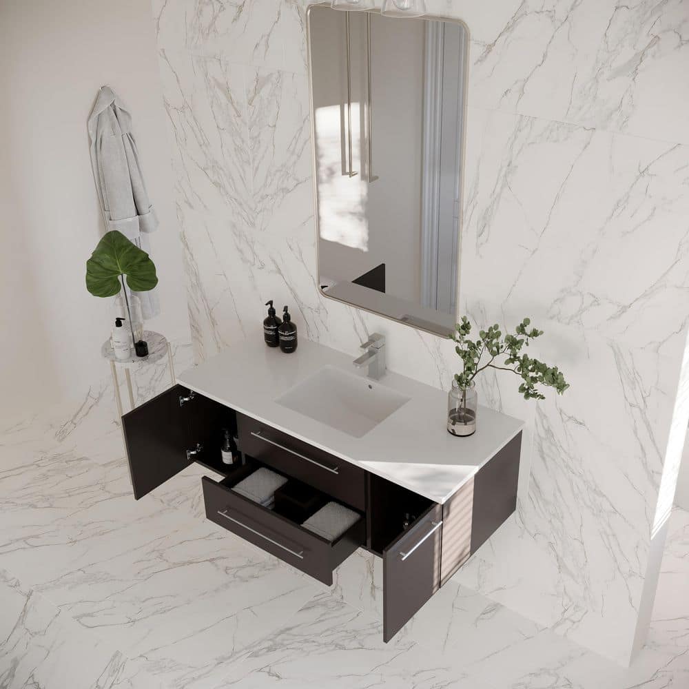 Espresso Solid Wood Wall Mount Vanity with Quartz Top and Ceramic Sink