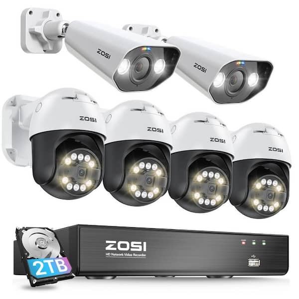 4K 8-Channel POE 2TB NVR Outdoor Security Camera System with 4-Wired 5MP PTZ Cameras and 2 Spotlight Cameras