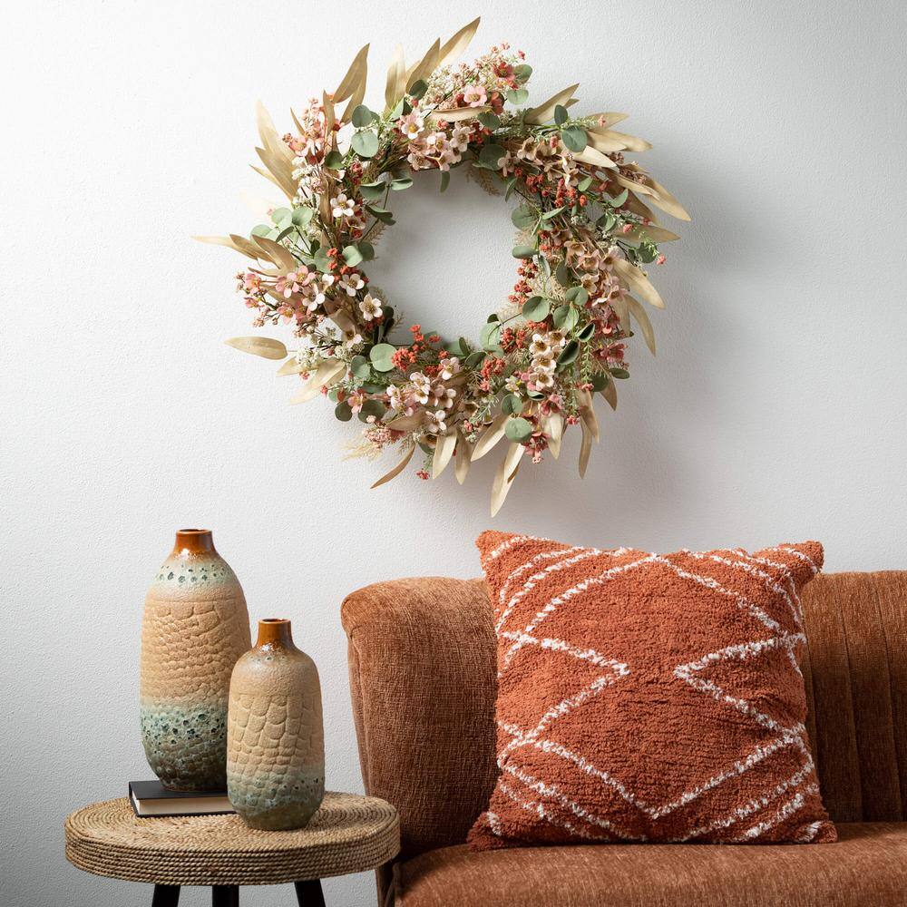 24-Inch Multicolor Artificial Eucalyptus and Rust Flower Spring Wreath
