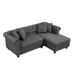85 in. W Chesterfield Roll Arm 1-Piece L-Shaped Linen Sectional Sofa in Grey