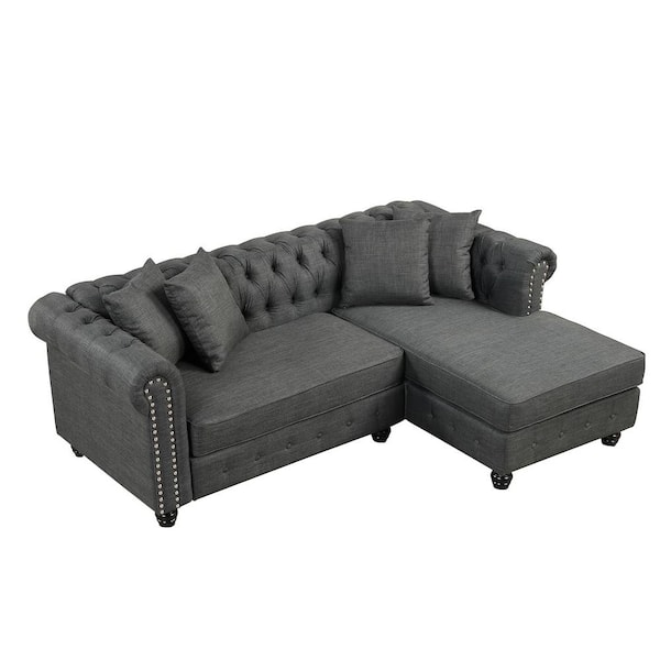 Morden Fort 85 in. W Chesterfield Roll Arm 1-Piece L-Shaped Linen Sectional Sofa in Grey