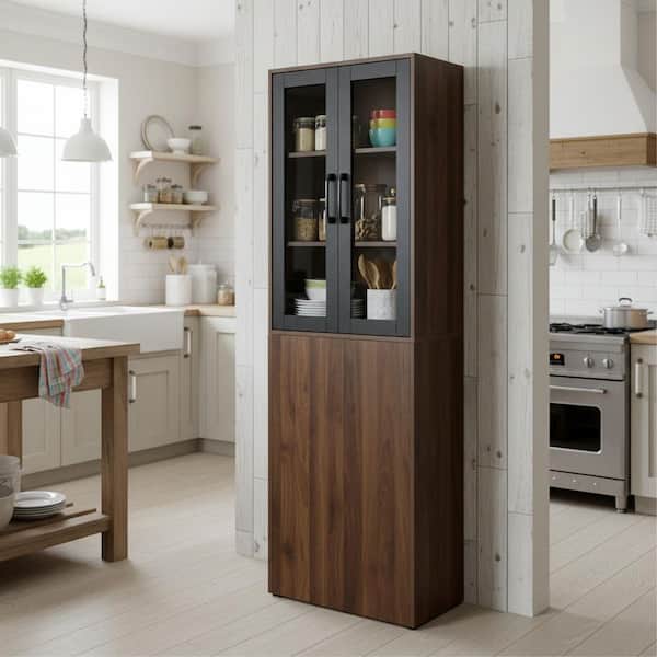 QUICK Espresso Brown MDF Buffet with 2 Glass Doors and Pull-Out Storage Shelf for Kitchen