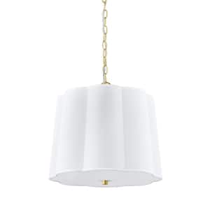Closs 60-Watt 3-Light Brushed Gold Shaded Pendant Light with White Scalloped Fabric Shade, No Bulbs Included