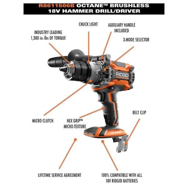18-Volt OCTANE LIthium-Ion Cordless Brushless 1/2 in. Hammer Drill Kit with OCTANE 3.0 Battery, Charger, and Bag