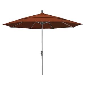 11 ft. Hammertone Grey Aluminum Market Patio Umbrella with Crank Lift in Terracotta Olefin