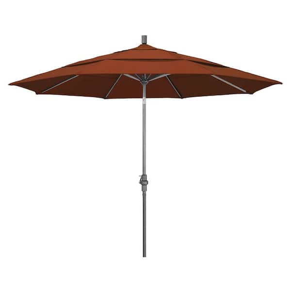 California Umbrella 11 ft. Hammertone Grey Aluminum Market Patio Umbrella with Crank Lift in Terracotta Olefin