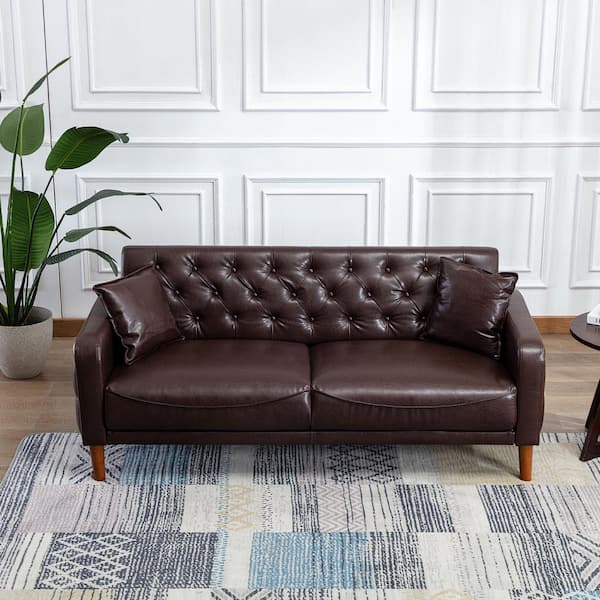 Wellington Large Square Arm Leather Pillow Back Couch With Nails