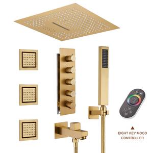 Luxury LED Music 4-Spray Patterns Thermostatic 16 in. Ceiling Mount Rain Dual Shower Heads with 3-Jet in Brushed Gold