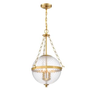 2-Light Brushed Gold Globe Glam Living Area Hanging Pendant Light with Clear Prismatic Glass