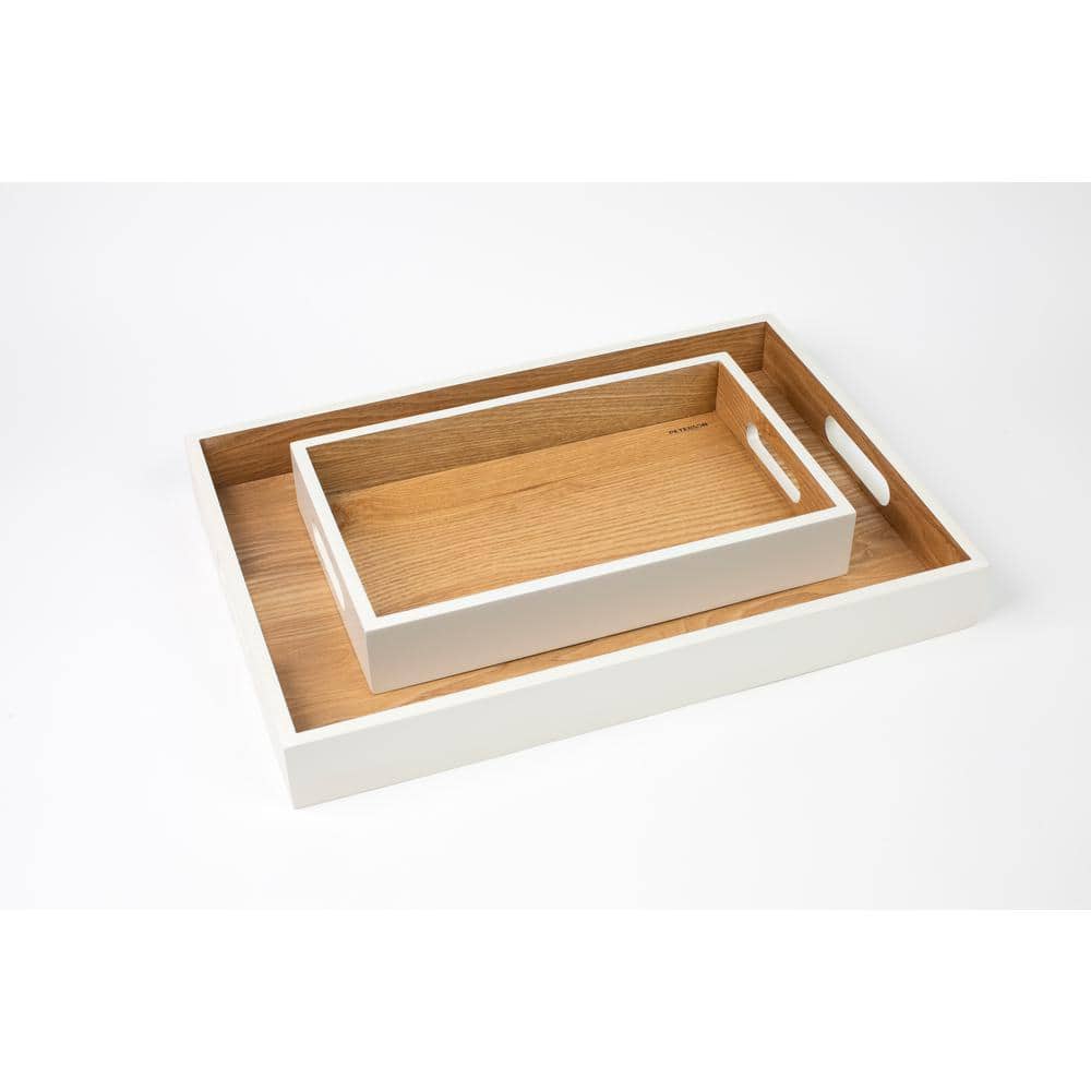 PETERSON HOUSEWARES Ash Wood White Tray with Handles Set