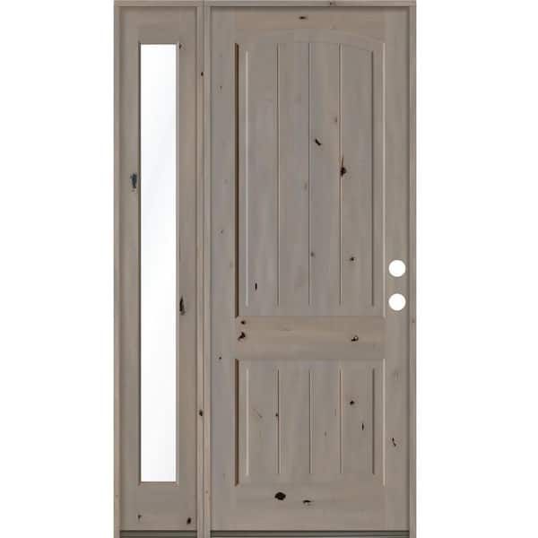 Krosswood Doors 46 in. x 96 in. Rustic knotty alder Sidelite 2 Panel Left-Hand/Inswing Clear Glass Grey Stain Wood Prehung Front Door