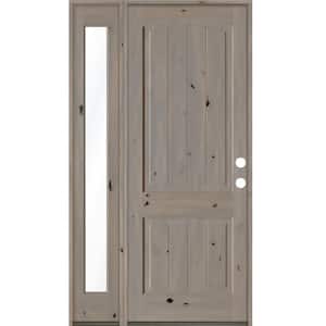 50 in. x 96 in. Rustic knotty alder Sidelite 2 Panel Left-Hand/Inswing Clear Glass Grey Stain Wood Prehung Front Door