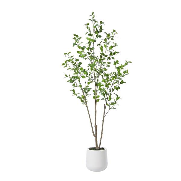 DR.Planzen 6 ft. Faux Ficus Tree with Round White Planter, Pre Potted Faux Greenery Ficus Plant for Home Decor