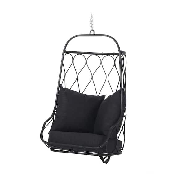 Noble House Meader 52 in. Black Metal Hanging Basket Chair with Black