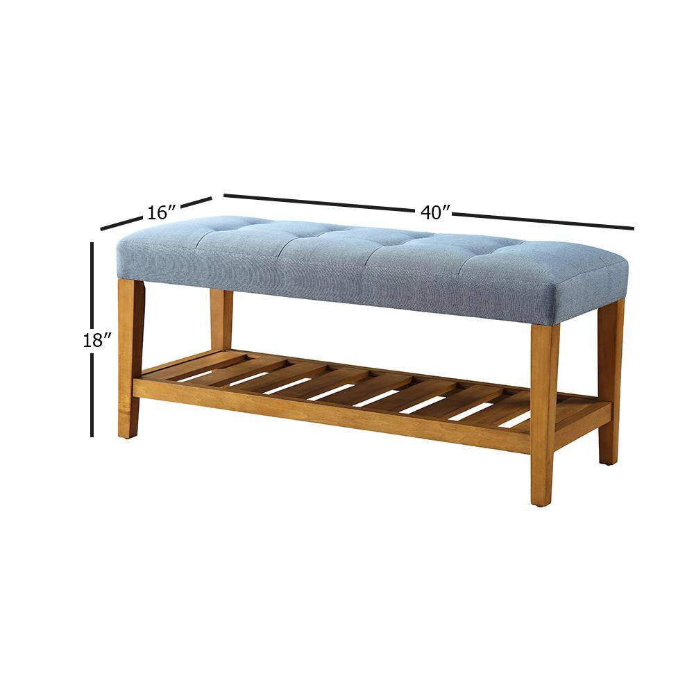 Blue Tufted Upholstered Bench with Oak Storage Shelf