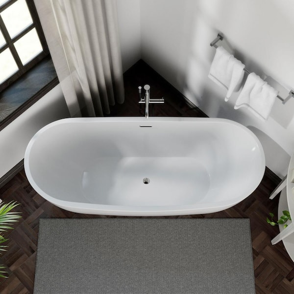 69 in. Acrylic Flatbottom Not Whirlpool Freestanding Bathtub - Deep Soaking Tub in White