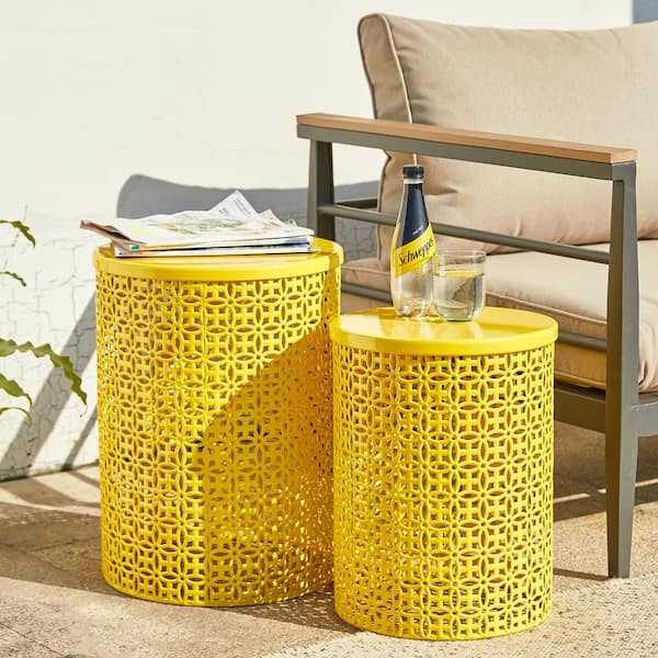 Glitzhome Multi-functional Metal Yellow Garden Stool or Planter Stand or Accent Table or Side Table (Set of 2)