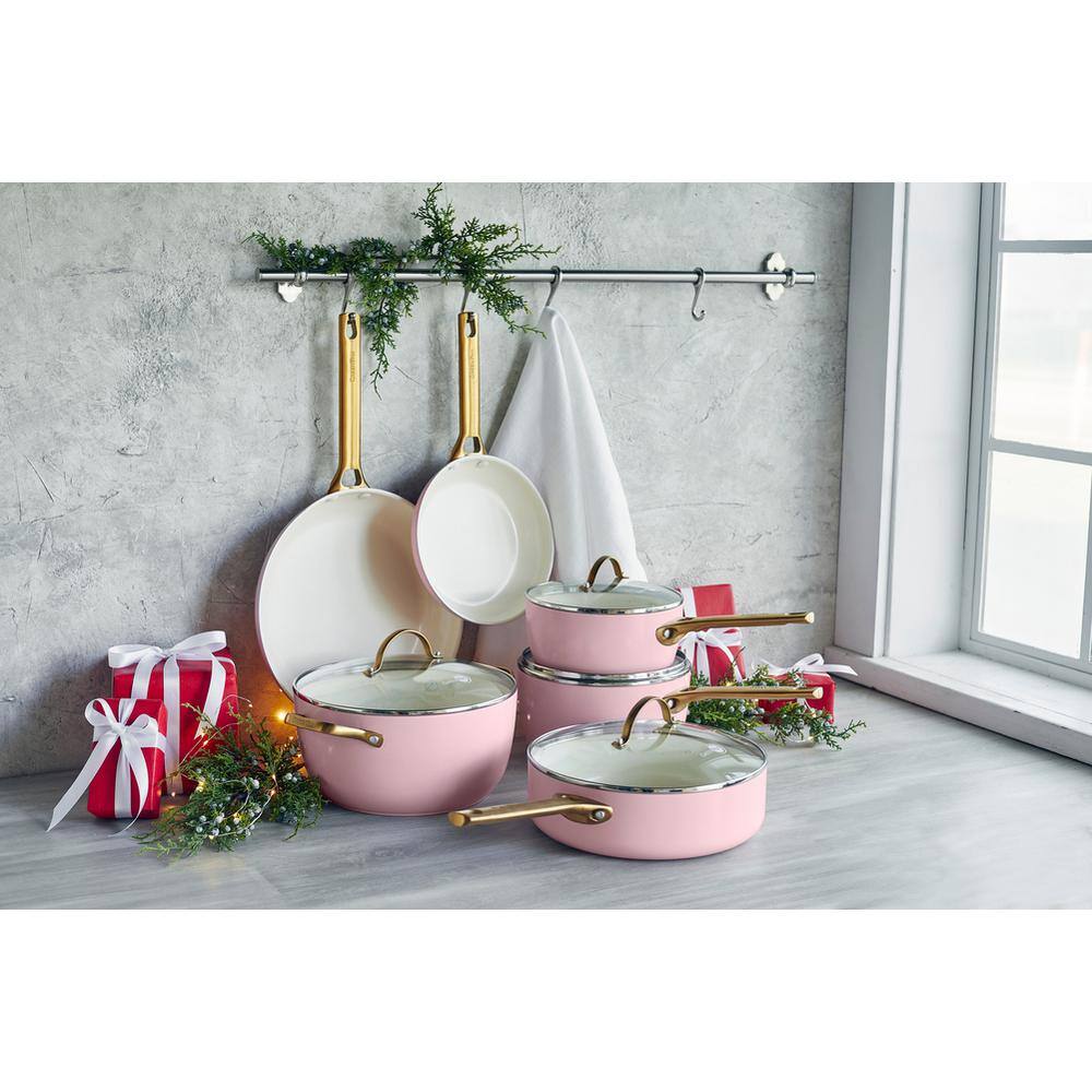 Blush Pink Ceramic Nonstick 10-Piece Cookware Set with Gold Handles