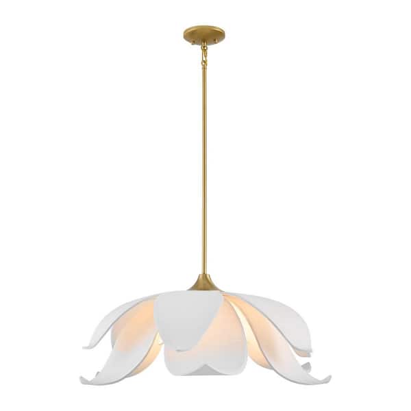 Savoy House Elsie 60-Watt 30 in. W x 11 in. H 6-Light Warm Brass Pendant Light with White Linen Fabric Shades, No Bulbs Included