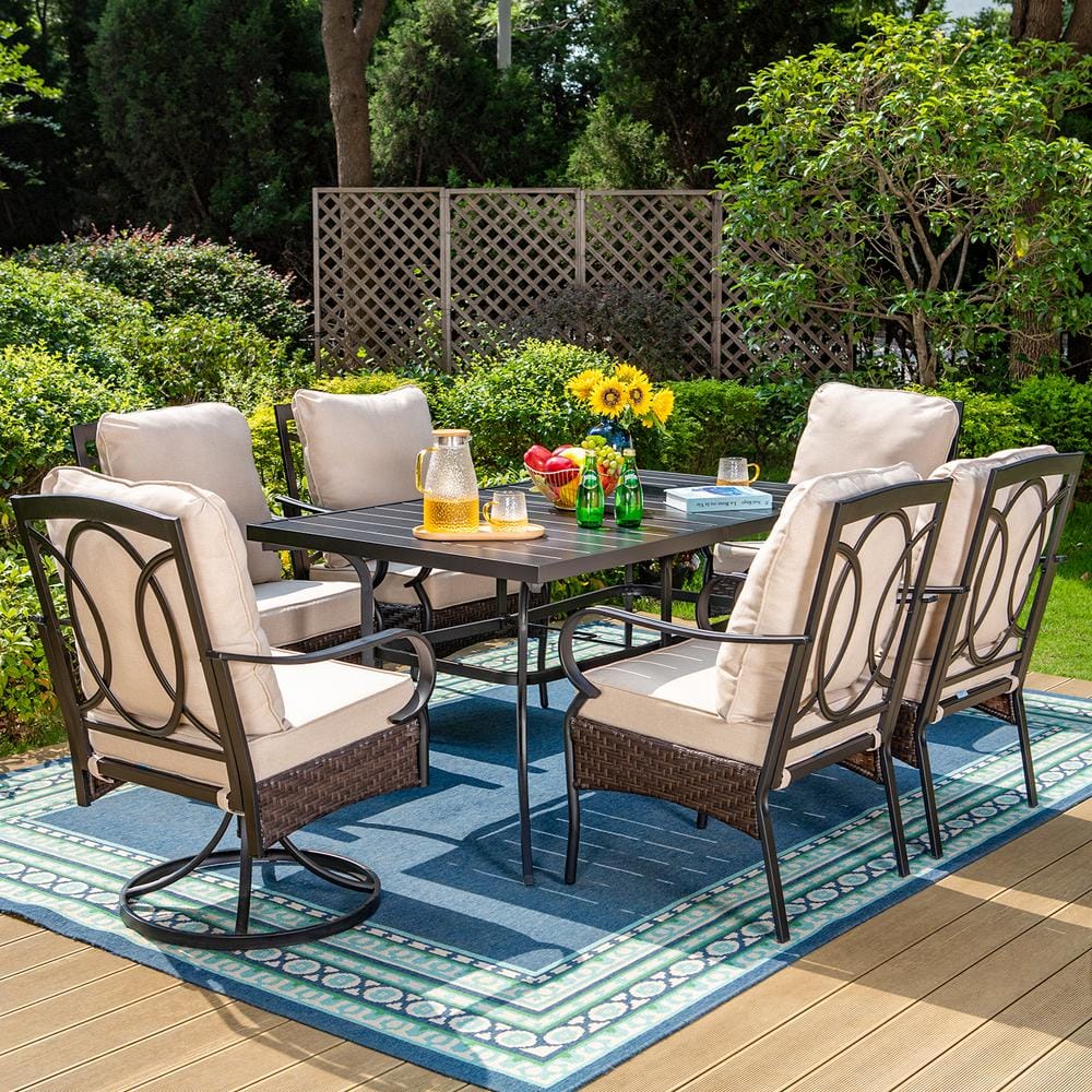 PHI VILLA 7-Piece Metal Patio Outdoor Dining Set with Rectangle Slat ...