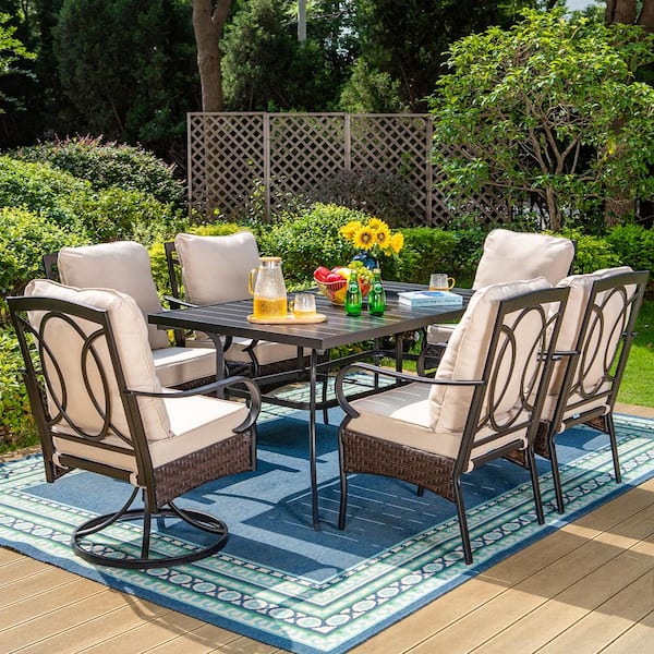 PHI VILLA 7-Piece Metal Patio Outdoor Dining Set with Rectangle Slat Table and Chairs with Beige Cushions