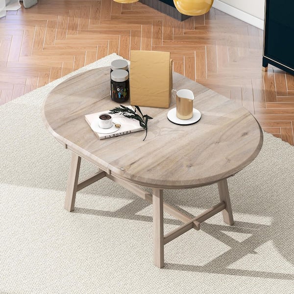 41.4 in. Natural Wash Solid Wood Retro Round Extendable Dining Table Seats 4-6 Seats
